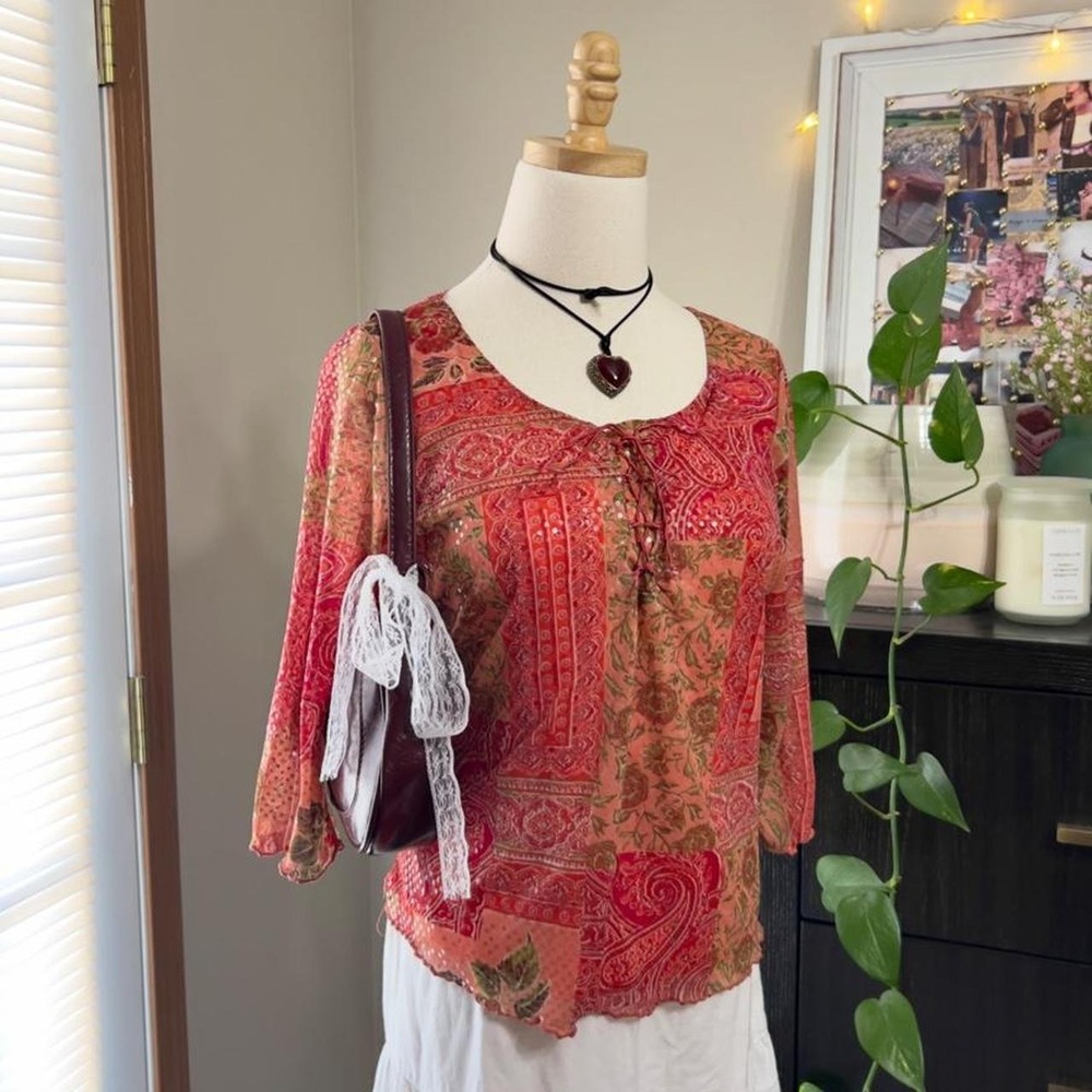 Y2K Red Sequin Paisley Fairy Top w/ Tie Sheer Mesh Size Large Hippie Boho